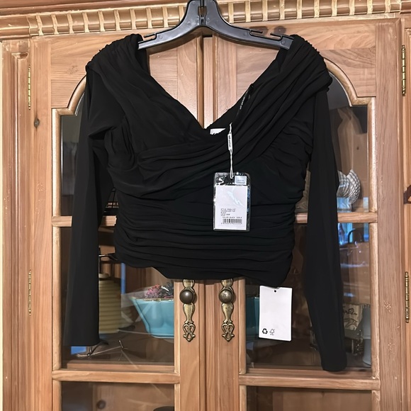 Self-Portrait Black Crossover Top NWT Long Sleeve Cropped Blouse - Picture 3 of 8